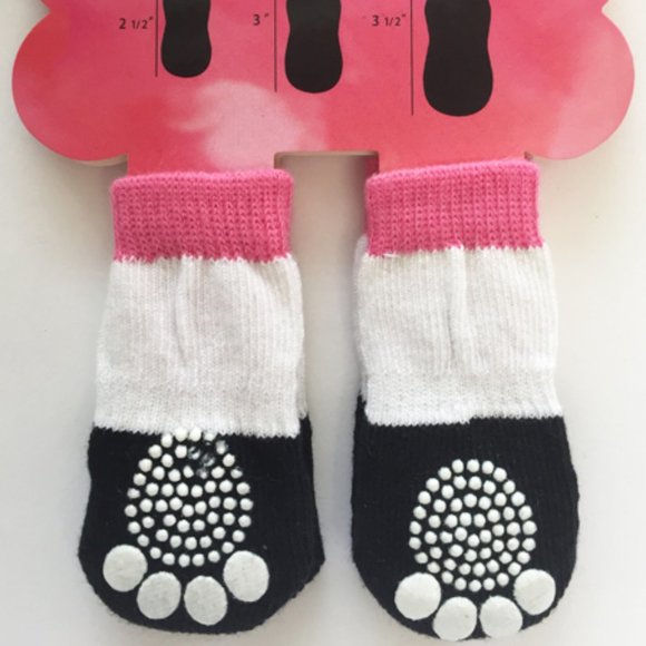DOG PUPPY ANTI-SLIP PINK BLACK TINY SMALL SOCKS - Picture 3 of 4